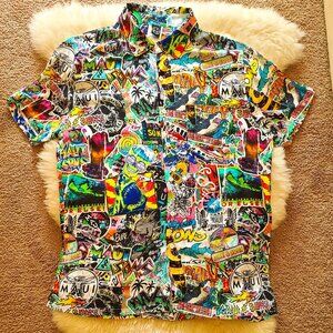 Y2K Maui and Sons Punk Shark Surf Skull Print Button Up Shirt